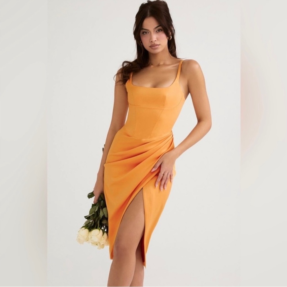 HOUSE OF CB Bianca Satin Pleated Corset Midi Dress in Tangerine Size XS